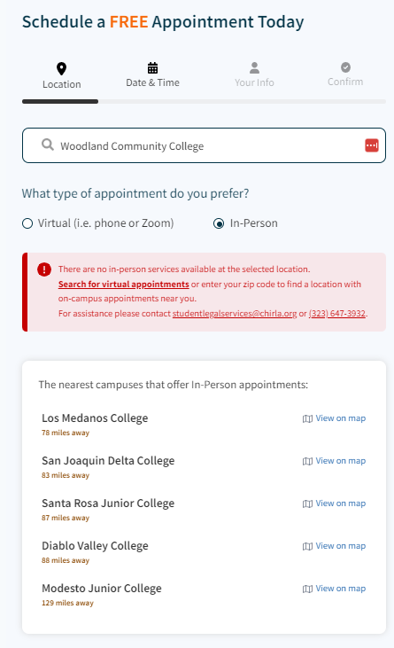 nearby campuses with in person appointments shown