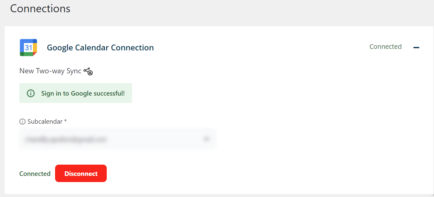 Sign in to Google successful! and Subcalendar connected